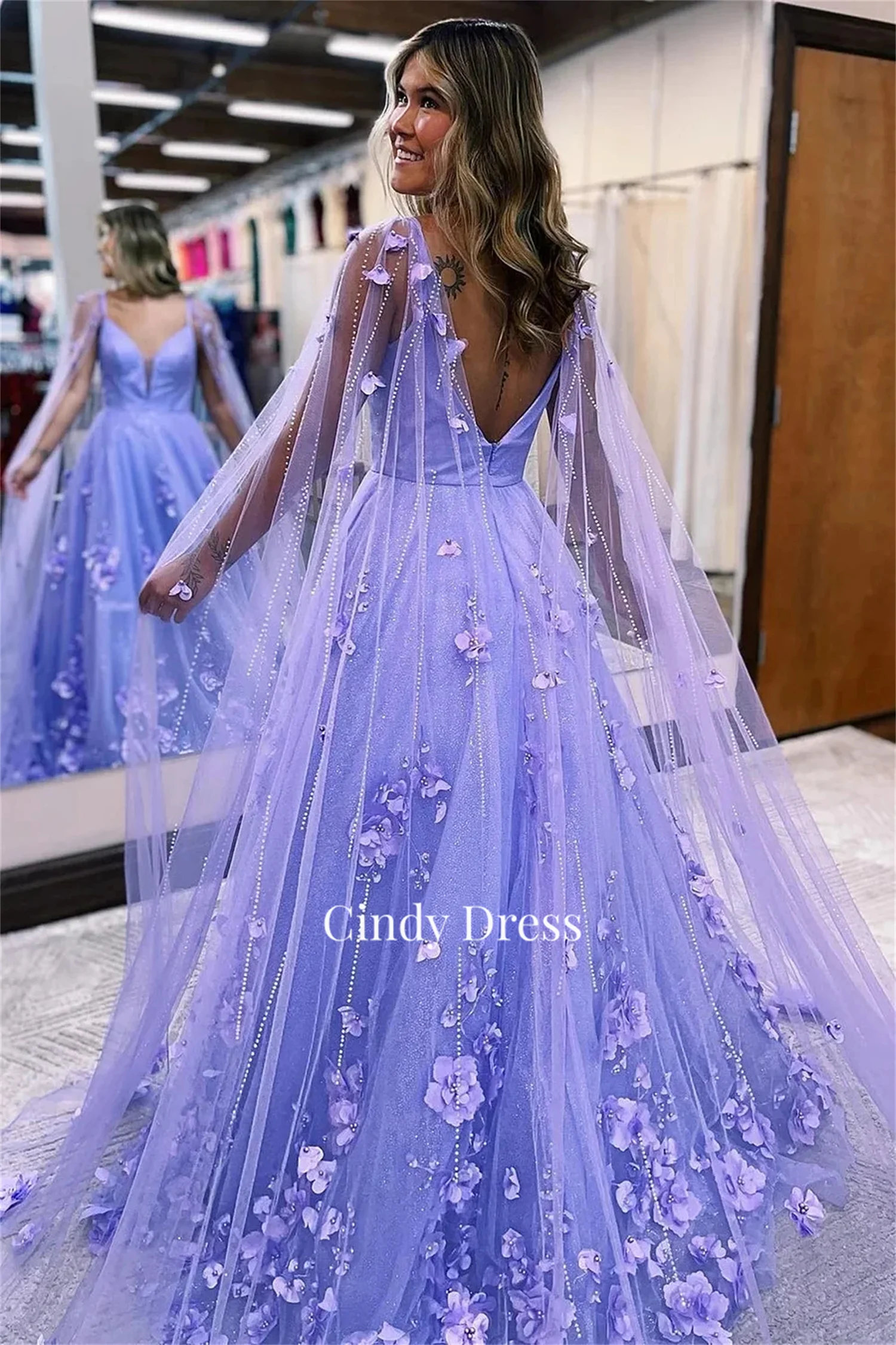 Cindy 3D Flowers Backless Purple Shawl Luxurious Happy Sharon Evening Dresses for Formal Occasions Bridesmaid Dress Woman Prom