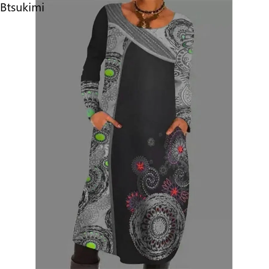 فستان نسائي فضفاض عتيق موديل 2025 مكشكش لربيع وخريف جديد مطبوع بأكمام طويلة فستان بوهو غير رسمي للحفلات