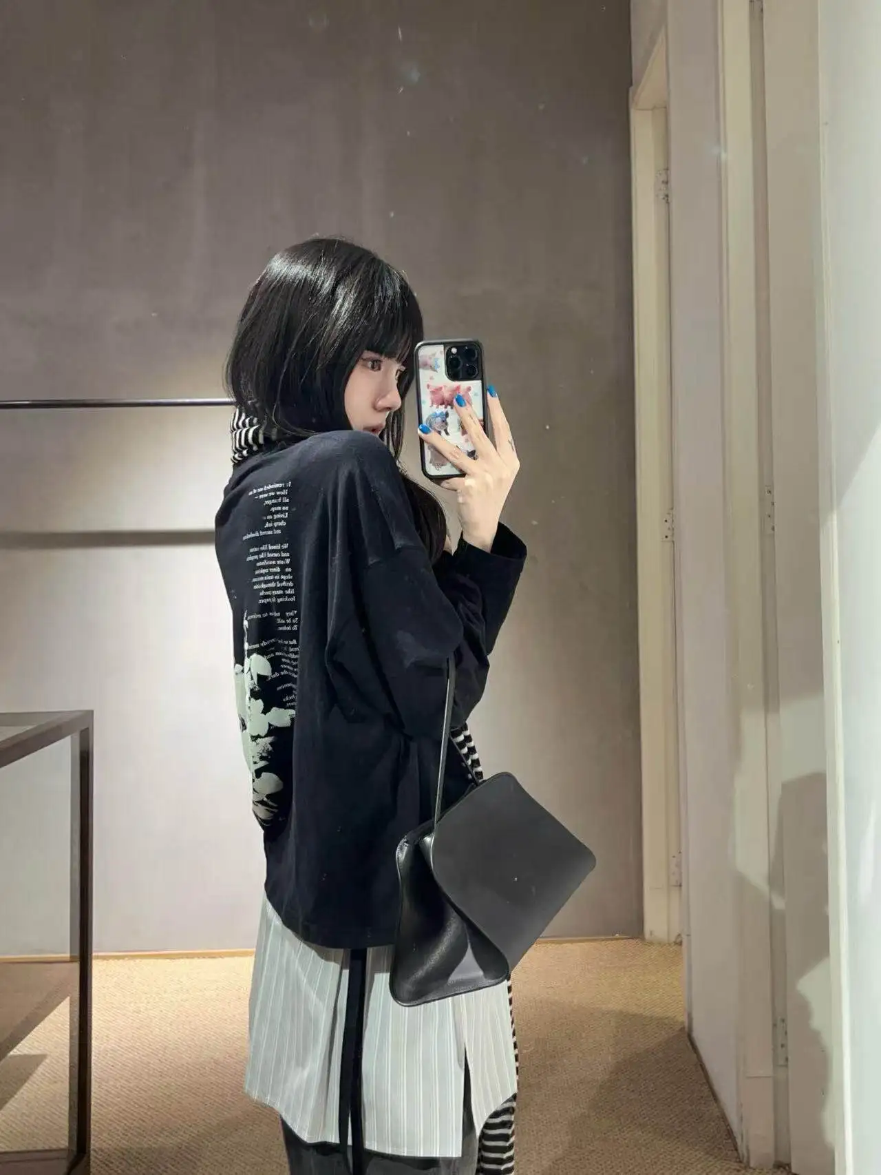 Ann 26ss floral print streamer short wide long sleeve T-shirt