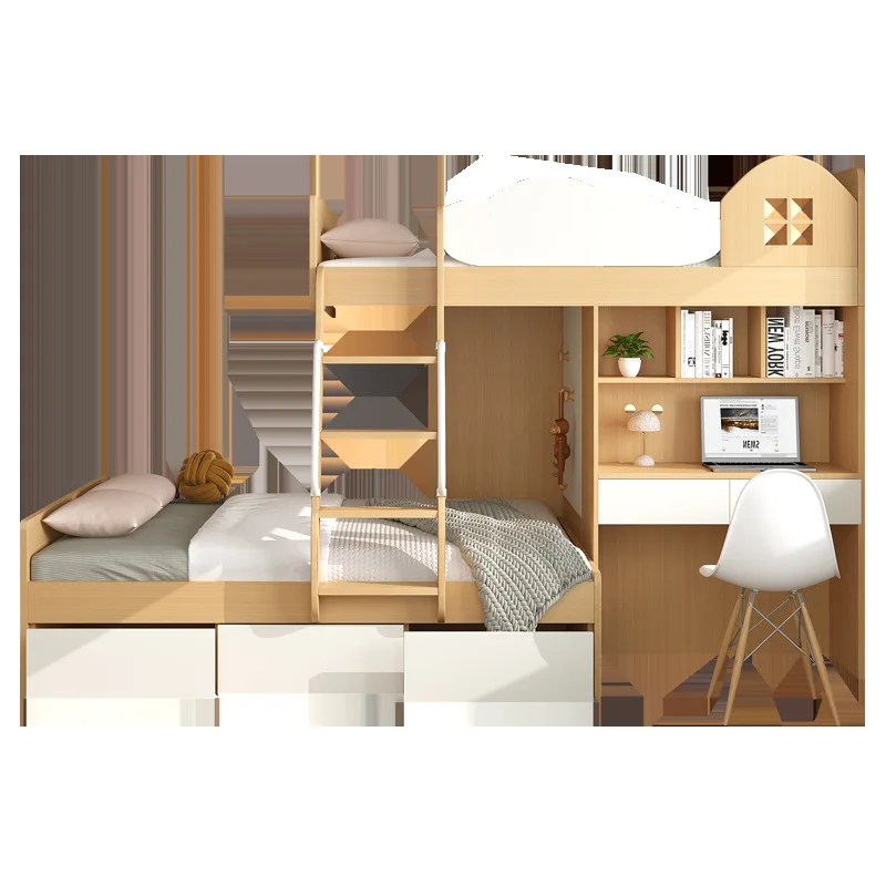alternating bunk beds in small apartments with mother-child beds with desk, upper bed, and lower cabinets for parent-child beds
