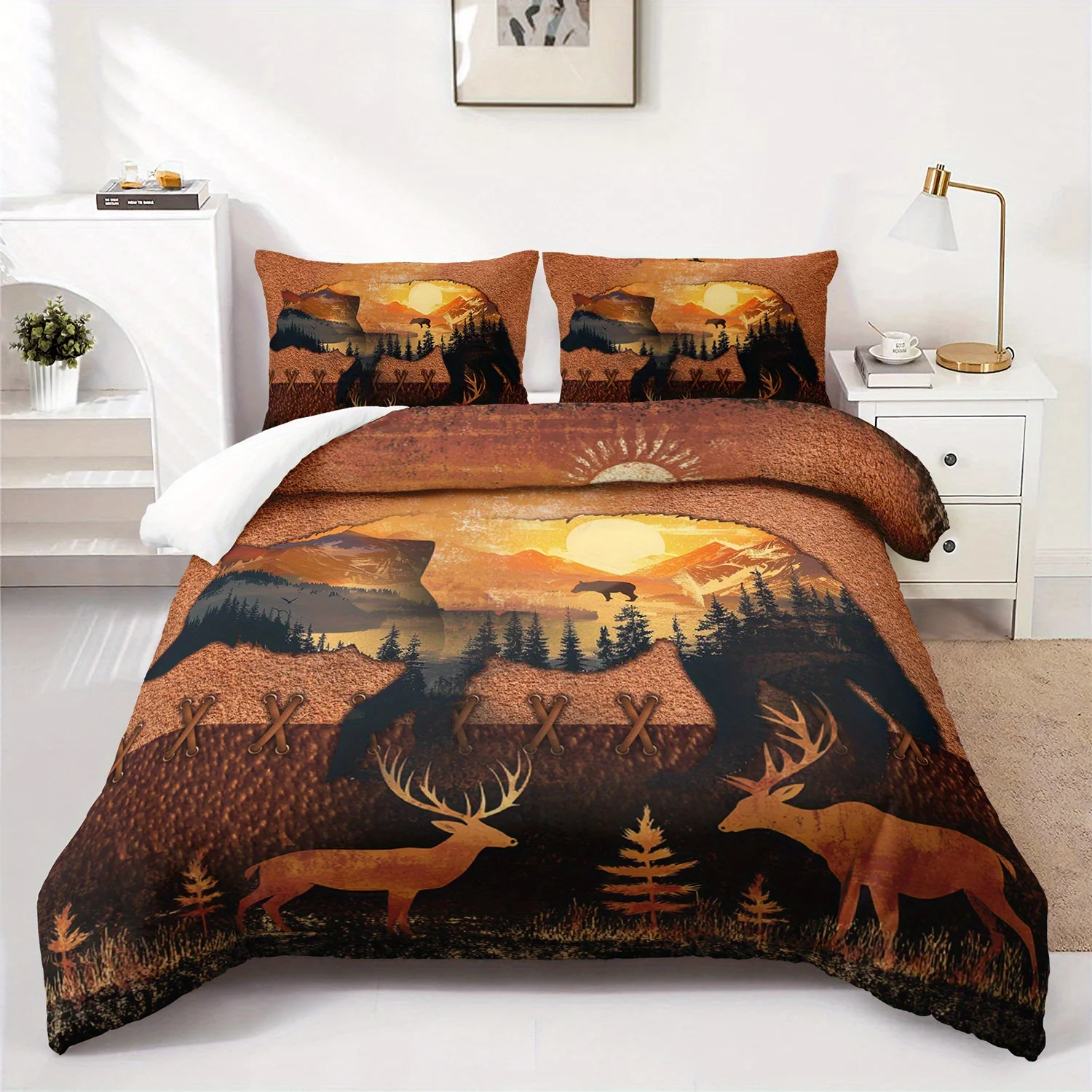 

3pcs Bear Mountain Sunset Bedding Duvet Cover Set Wildlife Bedding Quilt Set Nature Themed Bed Quilt Set Autumn Forest