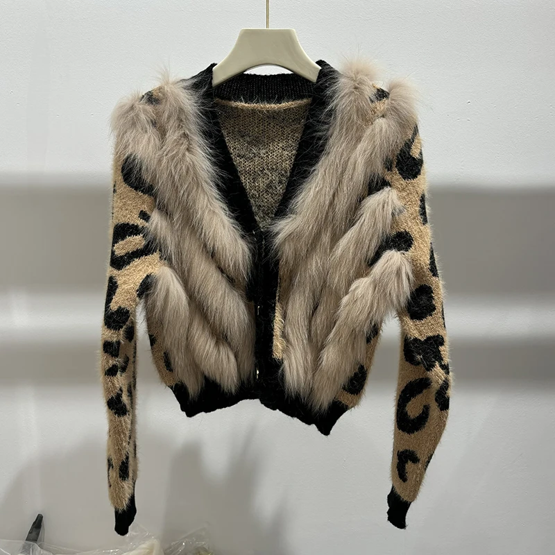 Women Leopard Pattern Natural Fox Fur Outside Decoration Girl's Autumn Sweater Knitted Long Sleeve Coat