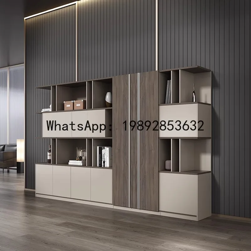 YFY Walnut Wood File Cabinet Office Bookcase Modern Minimalist Glass Door Background Cabinet Open Study Room