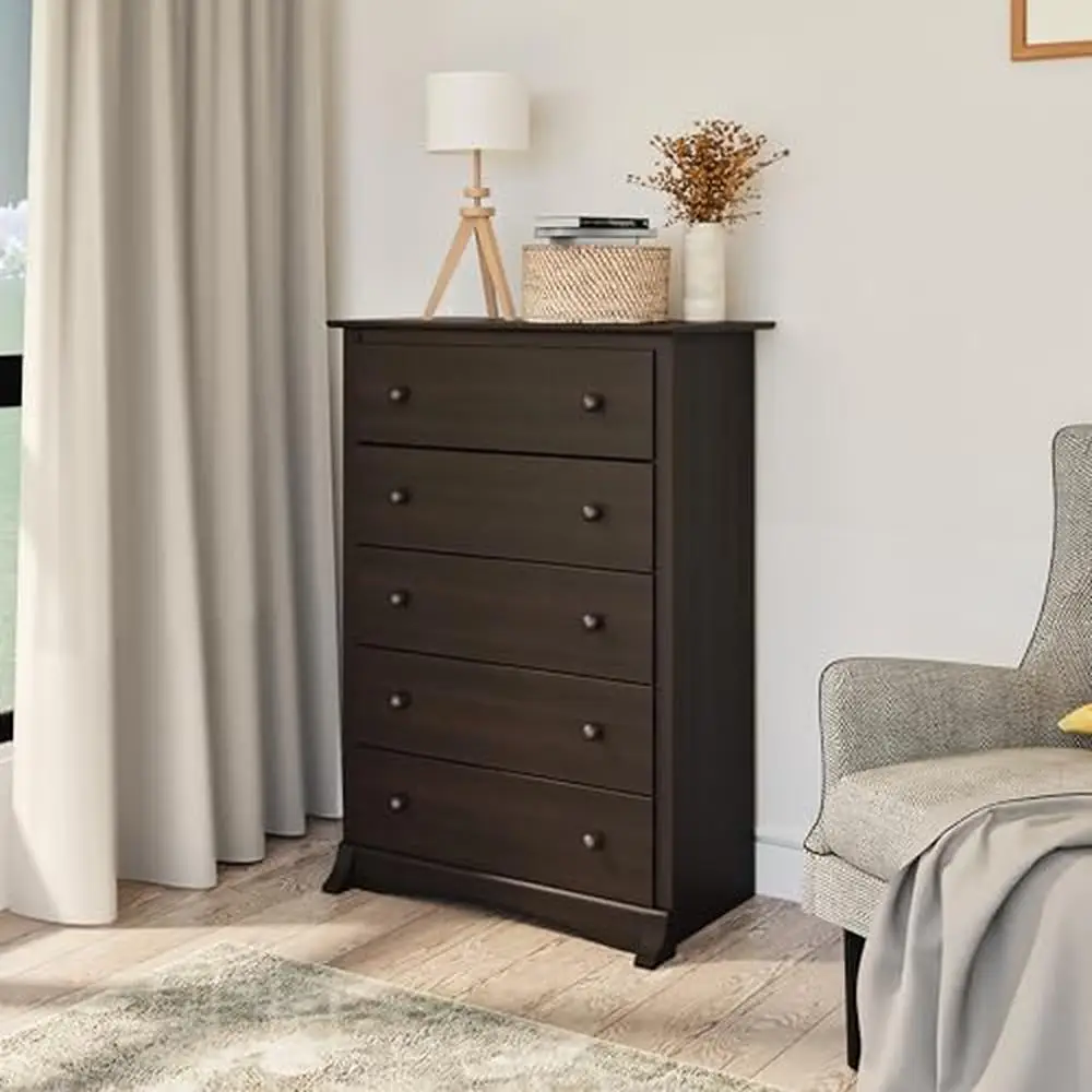 5-Drawer Espresso Chest of Drawers Bedroom Storage Solution Compact Design Smooth Gliding Drawers Spacious and Stylish Robust