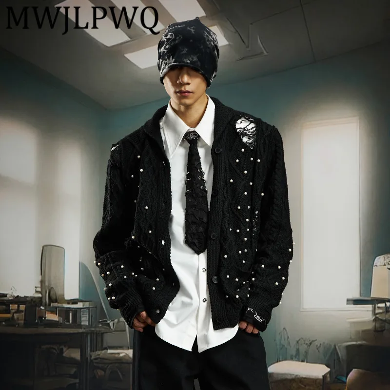 MWJLPWQ ビーズ装飾 ダメージ加工 ニッチデザイン 高密度ボタンニット カーディガン ターンダウンカラー セーター 秋 12541