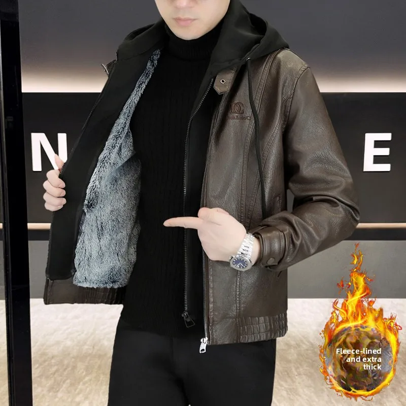 

Winter Thiened Fce Lined PU Leather Jaet Hooded Casual Versatile Men's Outerwear Long Sve Polyester Coat