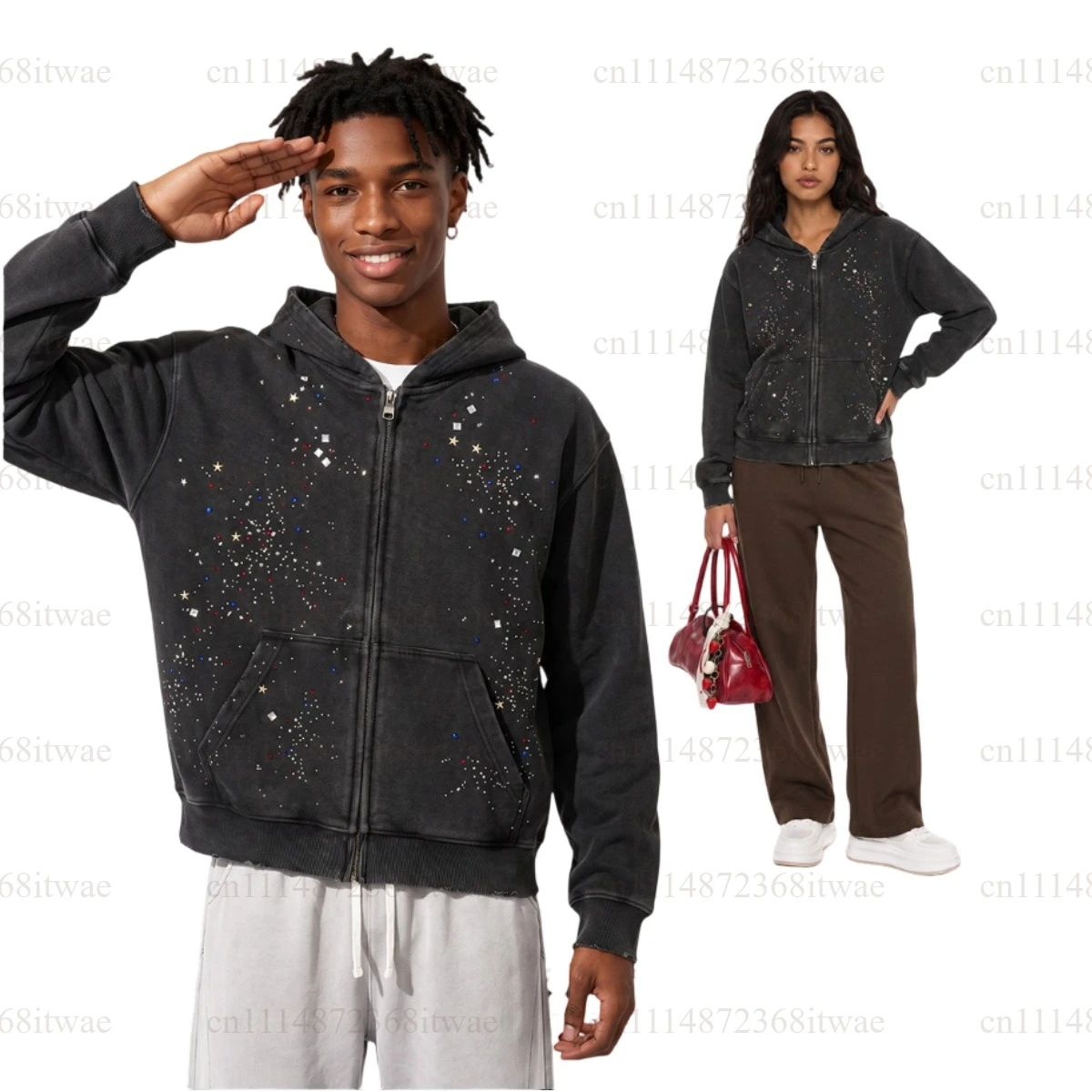Unisex 2026 New American‑Style Vintage Hoodie Snow‑Washed Rhinestone Decor Trendy Casual Outer Jacket for Streetwear