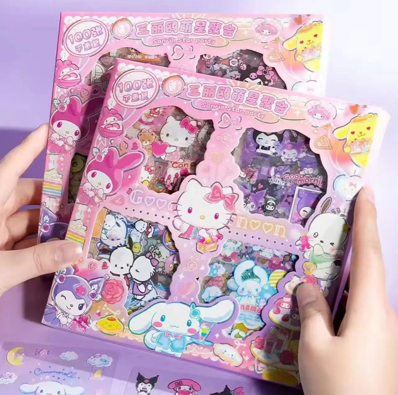 Hello Kitty Sanrio Non Repeating 100 Piece Sticker Set Cinnamoroll My Melody Waterproof Stationery Sticker Gift Box For Children