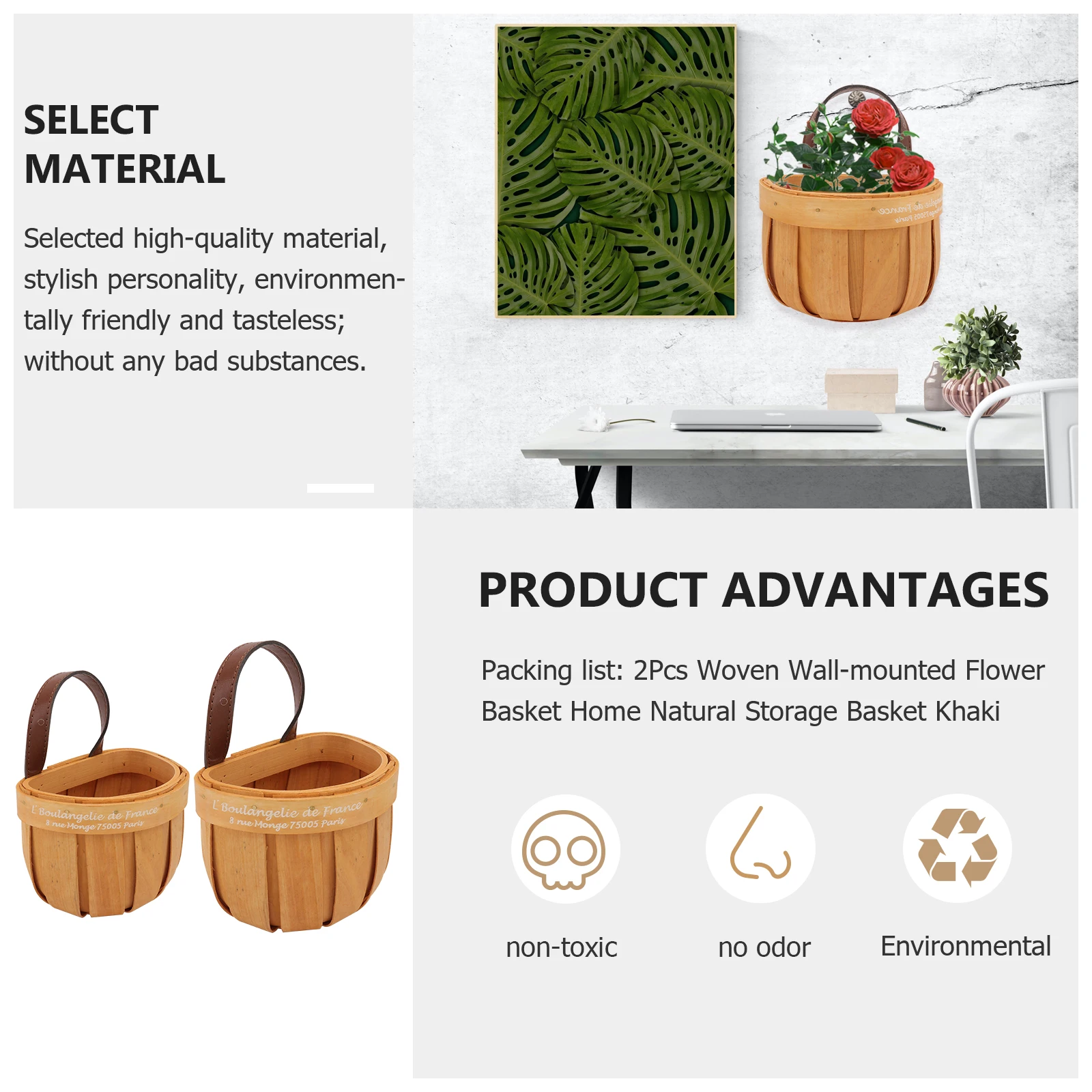 

2 Pcs Outdoor Wall Wood Chip Woven Wall-mounted Flower Basket Baskets Storage Hand-woven