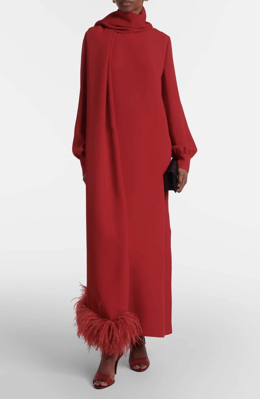 

Luxury Brand Name 2026 Spring Runway Dress Sexy Ladies Silk Long Dress Fashion Women's Red Party Dress With Ostrich Fur Scarf
