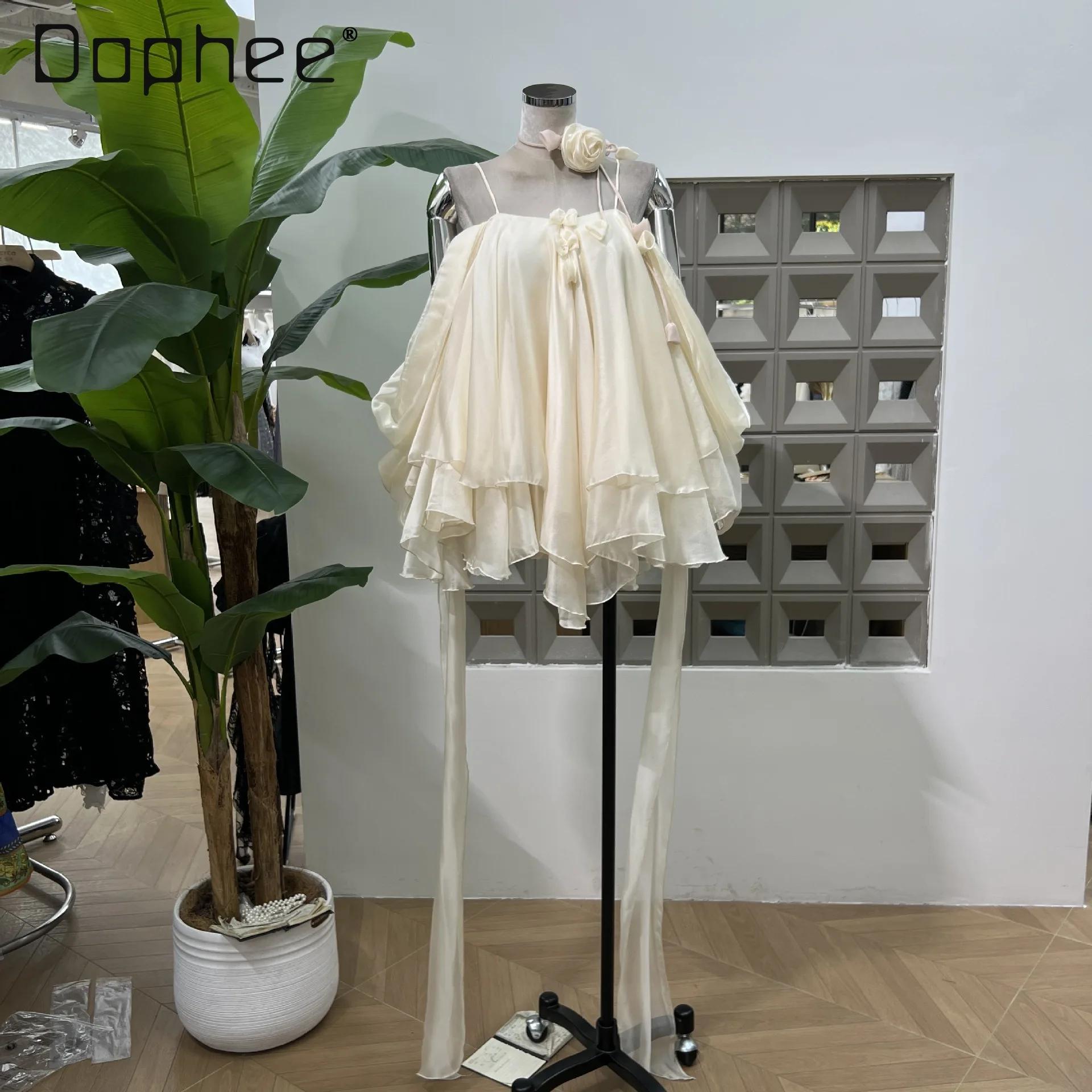 Vestido de tirantes estilo hada francés elegante, dulce y bonito vestido de baile ajustado JSK con flores tridimensionales para mujer, vestidos de noche