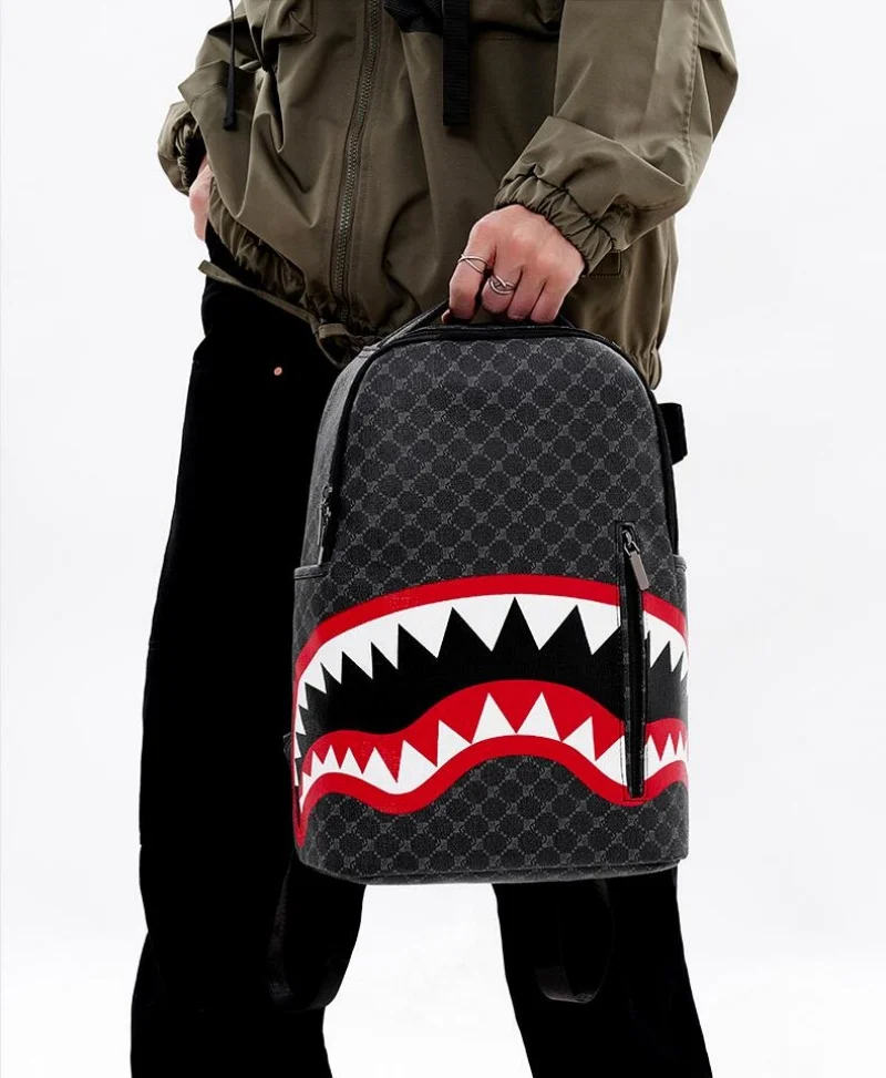 Men\'s Fashion Simple Shark Mouth Backpack Checkered Student Schoolbag Male 15 inch Computer Backpack Shoulder Bag