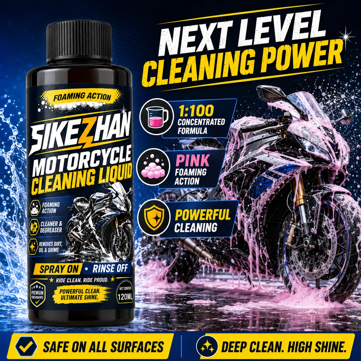 Premium 120ml Concentrated Motorcycle Cleaner Liquid, 1:100 High Dilution Ratio Foaming Wash Soap for Motorbike Care Supply Kit