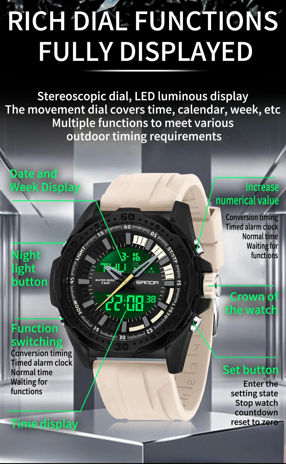 산다 신형 3373 학생용 전자시계 타이밍 알람 시계 스포츠 다기능 방수 LED 남성용 전자시계