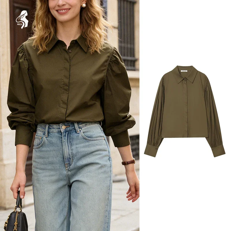 

Женская рубашка из поплина с объемными рукавами, весенне-осенняя повседневная рубашка с отложным воротником на пуговицах, женские элегантные шикарные блузки