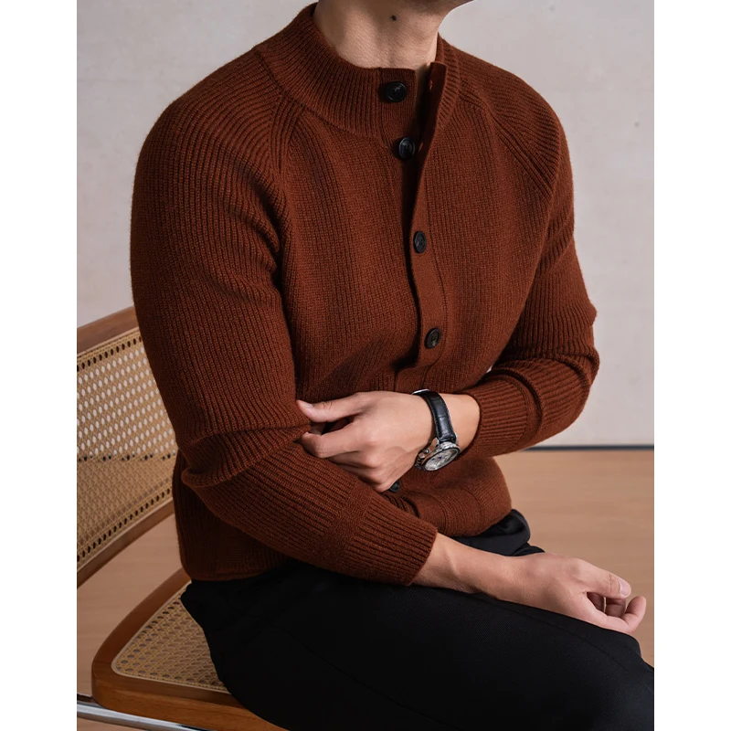 Korean New Trendy Sweater Cardigan Men Classic Stand Collar Wool Blend Coat Single Breasted Warm Knit Clothes Long Sleeved