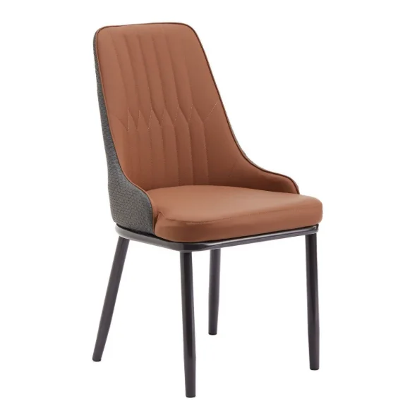 Modern Color Block Dining Chair with Vertical Stitching Upholstery, Sleek Metal Legs in Brown and Grey Tone, Versatile Design
