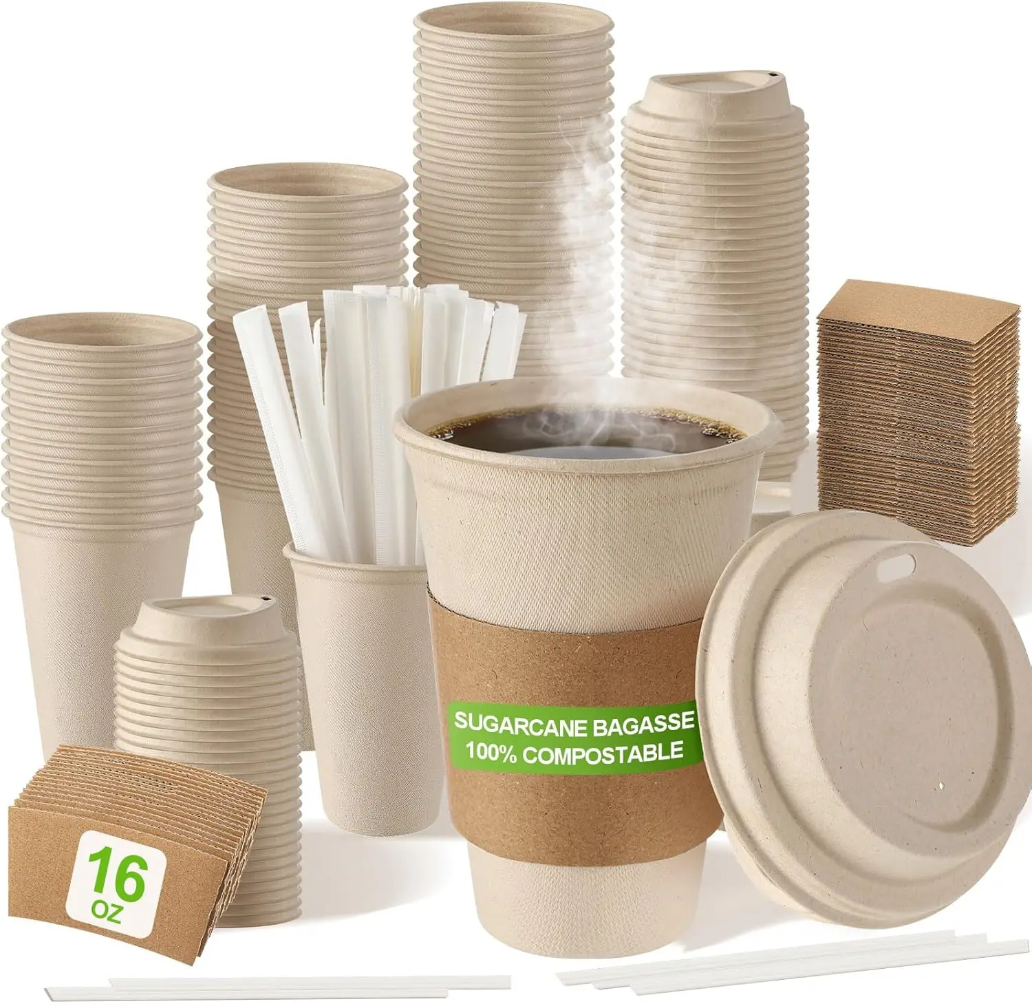 

50 Sets Compostable Paper Coffee Cups Disposable Bagasse Cups with Lids Sleeves and Straws Made from Bagasse Fiber Hot D