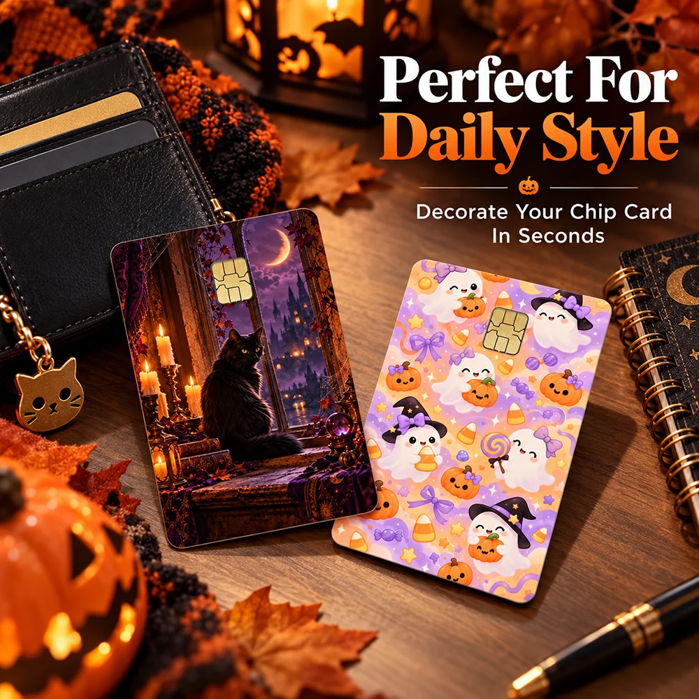 Magical Witch Chip Card Sticker Purple Castle Crystal Ball Candlelight Fantasy Halloween Bank Card Skin For Unique Daily Style