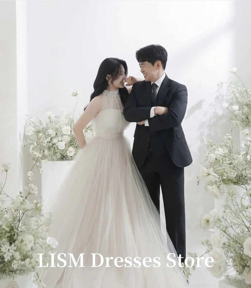 Gaun Pengantin Korea Model A-Line Sederhana dengan Kerah O dari LISM, Gaun Pengantin Panjang Elegan dari Bahan Organza Sutra untuk Pemotretan, 웨딩드레스 Korset yang Dapat Disesuaikan