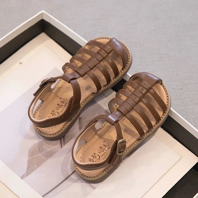 Vintage Style Summer Girl's Sandals Fashion Elegant Weave Cover Toe Shoes Child Comfort Low Heel Beach Vacation Sandalias