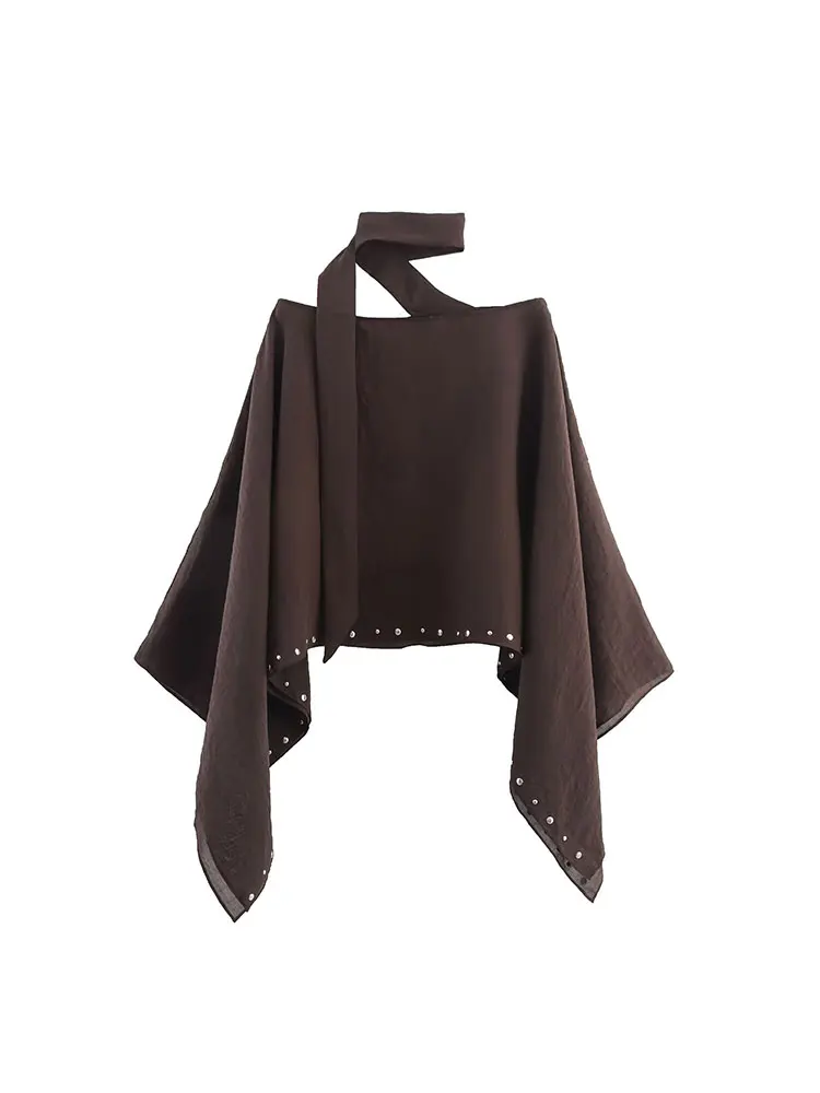 TFAFXY 2025 Streetwear Chic femmes cape solide Rivet col rond écharpe col à manches longues manteau ample nouvelle mode vêtements d'extérieur