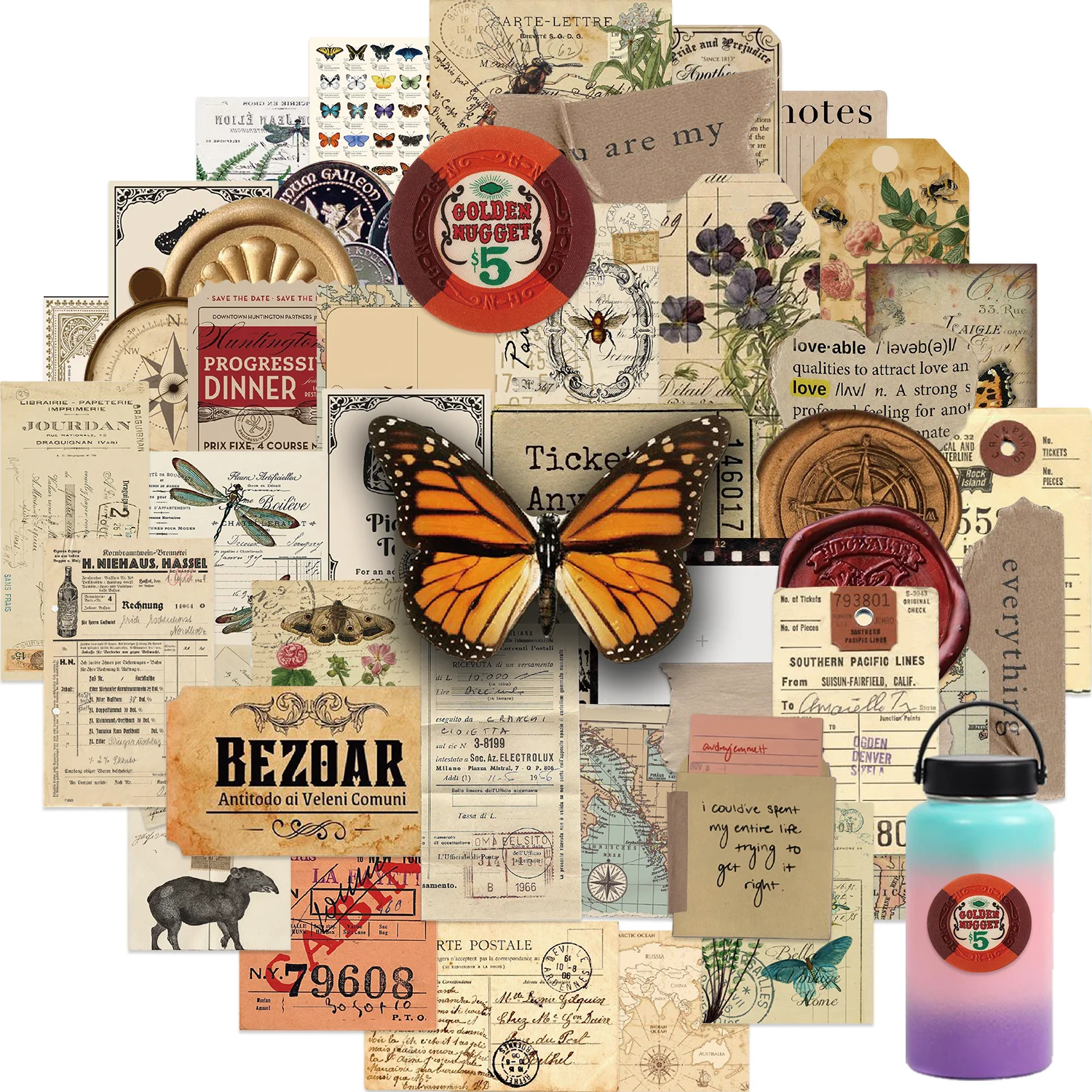 

50pcs Vintage File Cover Sealing Wax Retro Scrapbook Stickers DIY Diary Laptop Luggage Skateboard Graffiti Decal Classic Toys