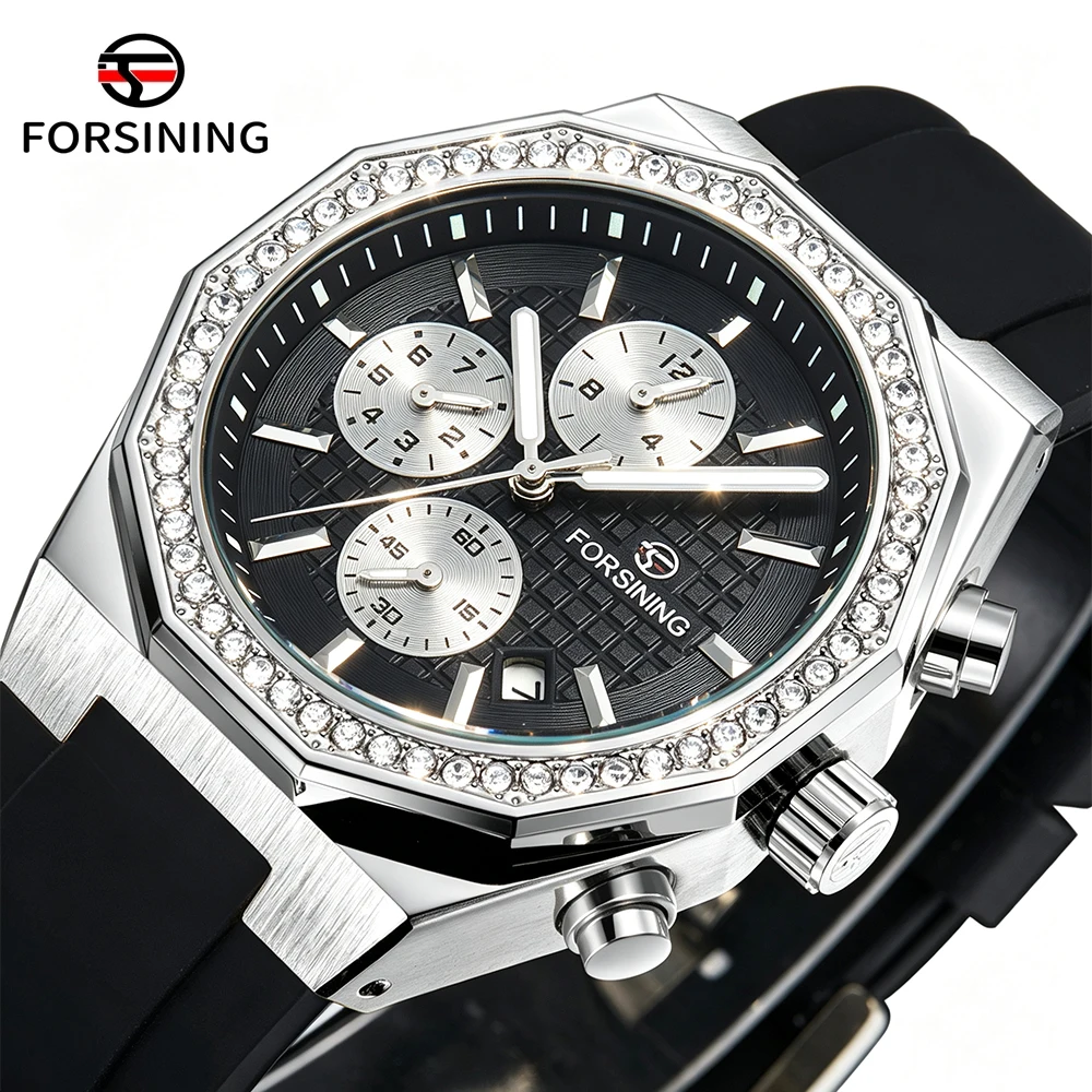 FORSINING Fashion Polygon Men's Watches Multi Function Calendar Luminous Automatic Mechanical Diamond Bezel Silicone Strap Watch