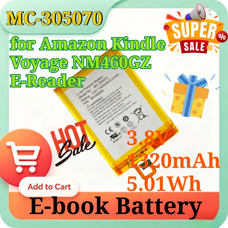 

MC-305070 58-000056 3.8V 1320mAh 5.01Wh Replacement Li-Polymer Battery for Amazon Kindle Voyage NM460GZ E-Reader E-book Battery