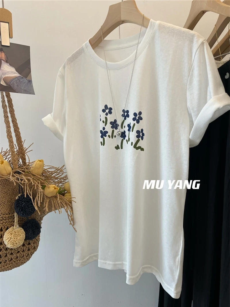 Camiseta Extra Grande de 300 Pou, Estilo Artístico Floral, Informal, Redonda, para Mujer, Top Versátil y Estilizador, Estilo Coreano