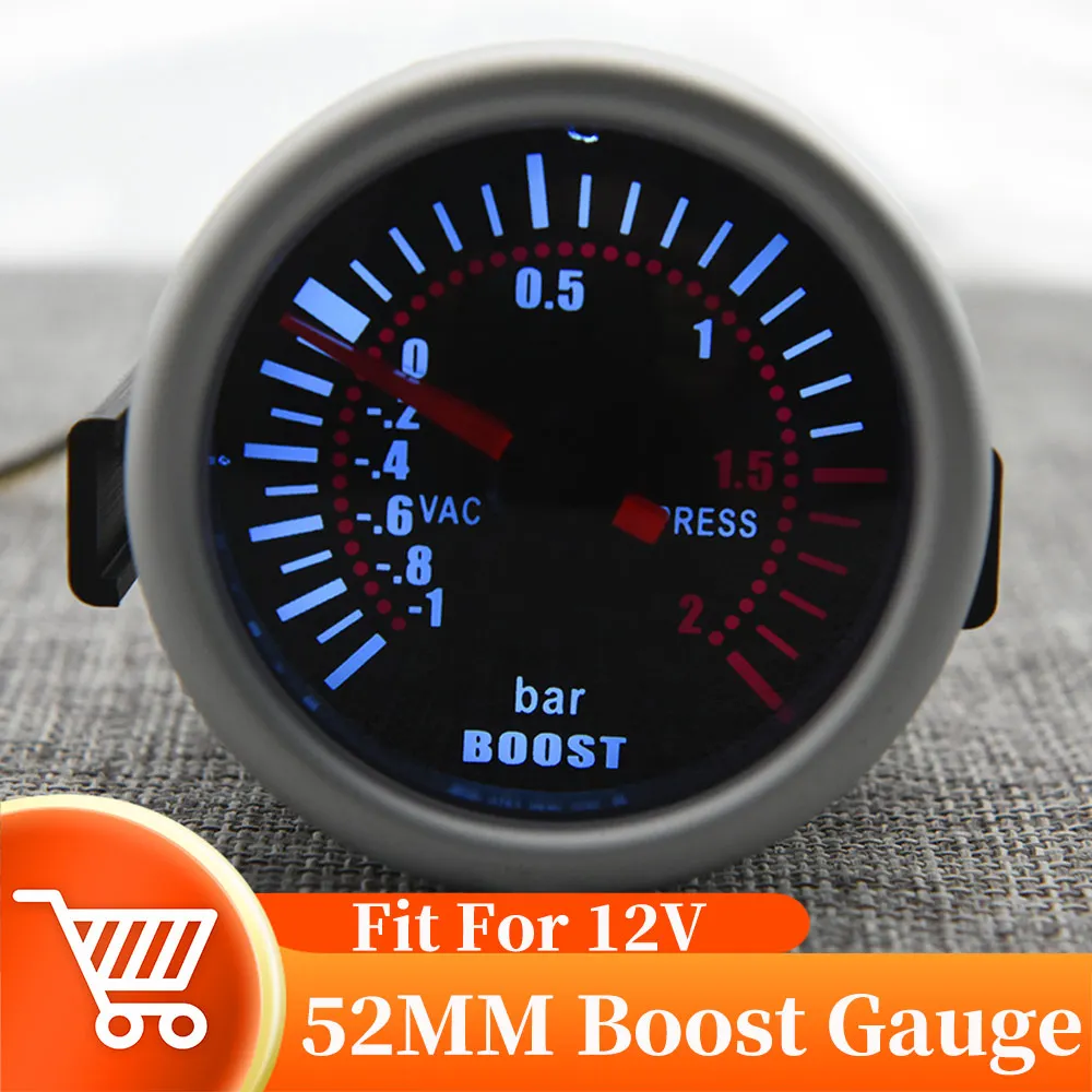 Universal 12V Auto Auto 52mm Rauch Len Pointer Boost Gauge -1 ~ 0 ~ 2 BAR Turbo boost-Meter Weiß LED PSI Turbo Manometer