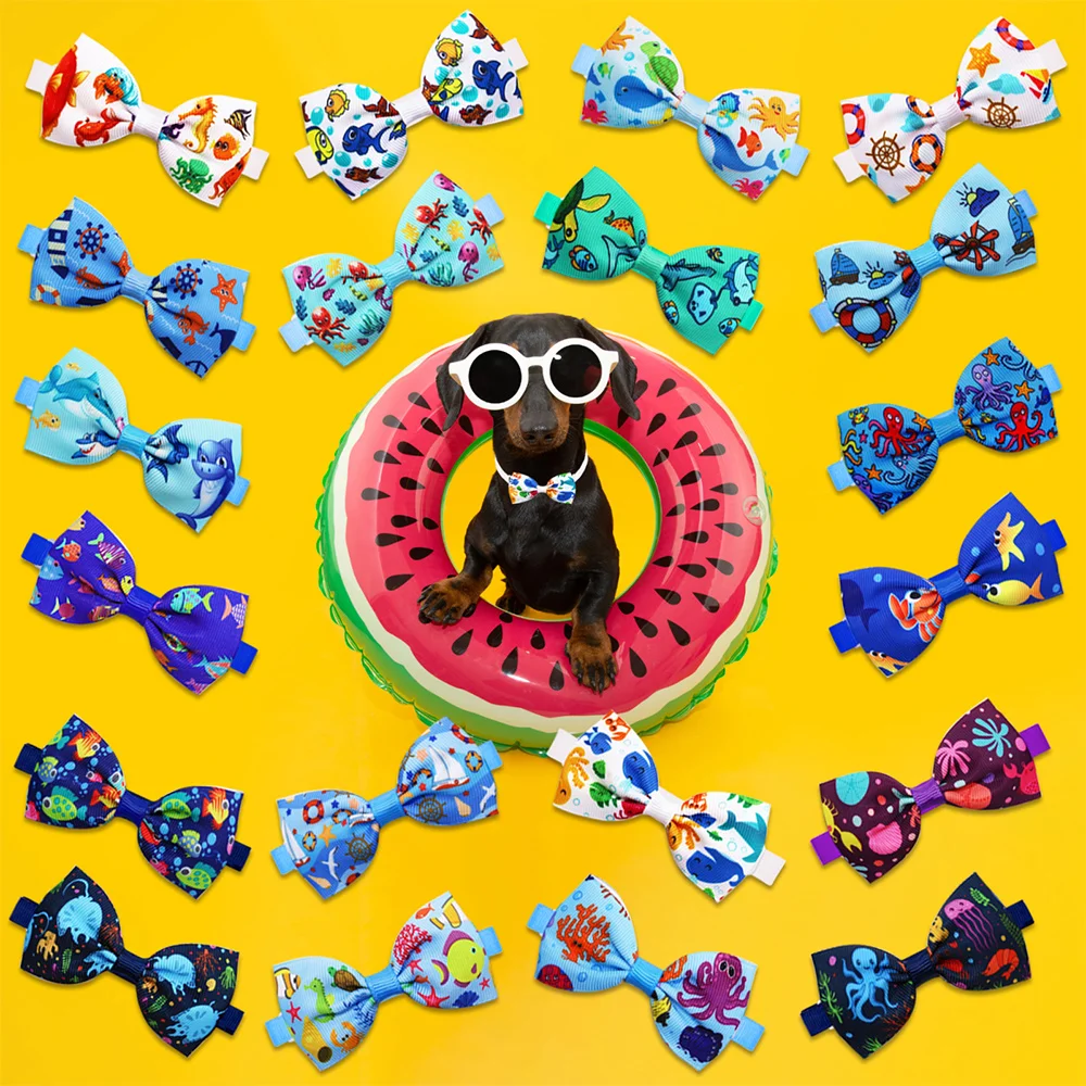 20/40PCS Dog Bow Ties For Summer Beach Party Adjustable Pet Dog Bowties Ocean Series Puppy Bowknots Pet Accessories For Dogs