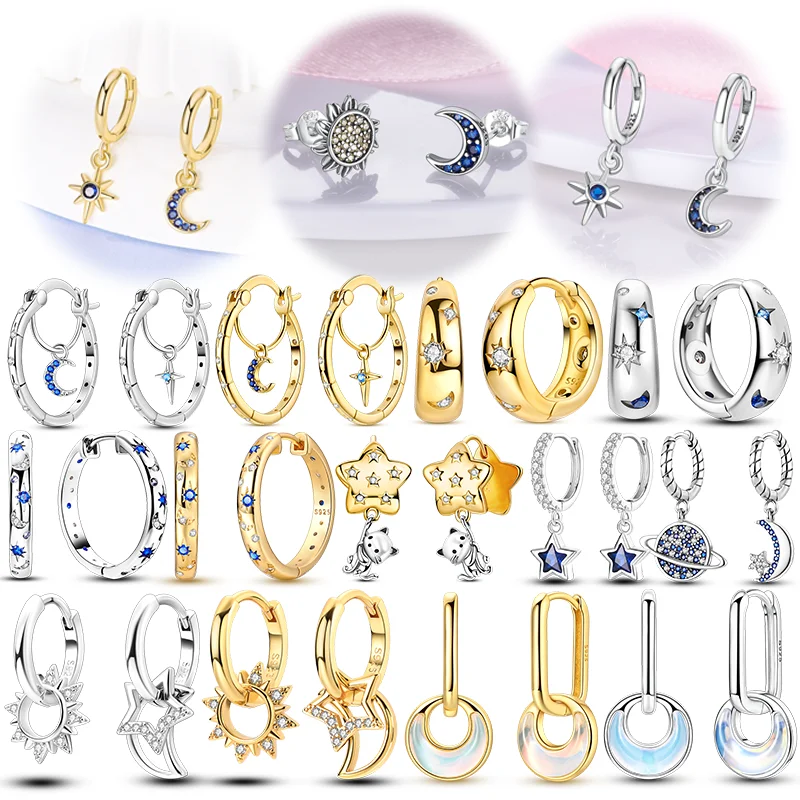 New In 925 Sterling Silver Hoop Earrings Pointing Stars Moon Series Fit Teens Ladies Female Hanging Ear Buckles Jewelry Gifts