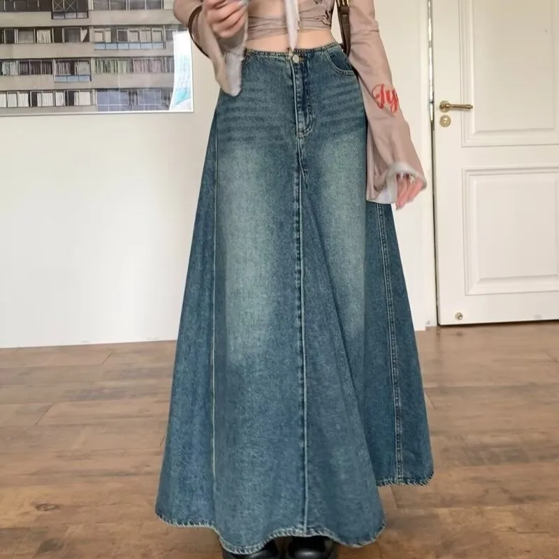 Retro Sweet Cool Vintage Faded Denim High Waist A-Line Long Skirt Women's Wrap Skirt Spring Summer New Style Half-length Skirts