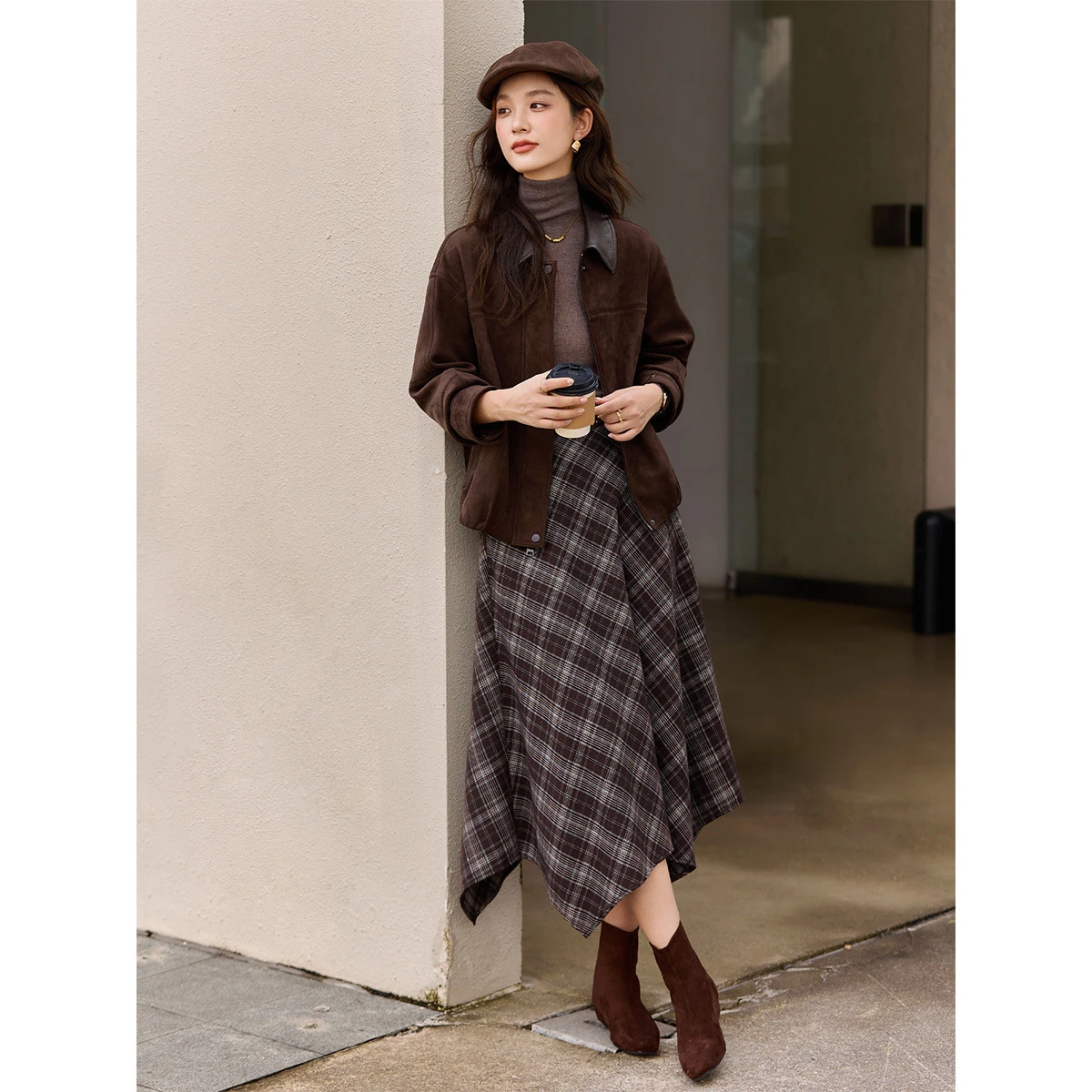 VIMLY 빈티지 여성 재킷 2025 브라운 플리스 안감 스플라이싱 가죽 칼라 코트 두꺼운 따뜻한 여성 겨울 의류 A3529