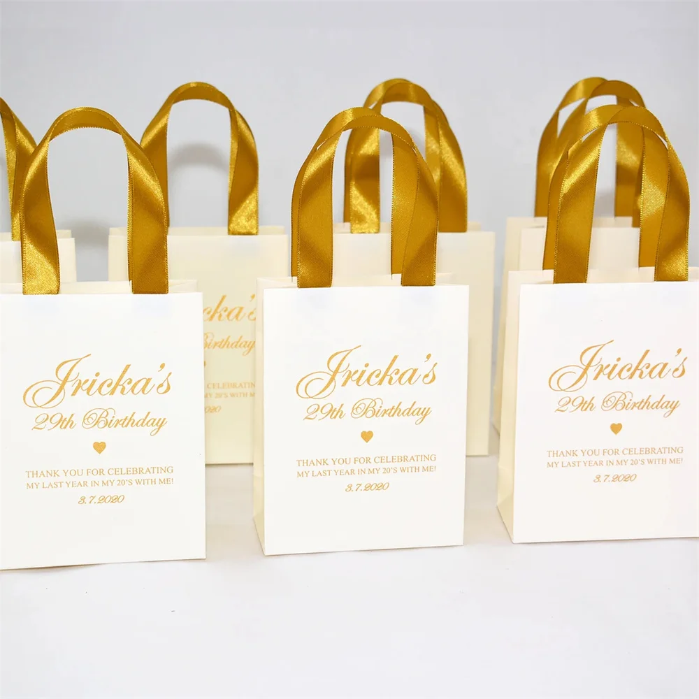 Destination Wedding Welcome Bags with satin ribbon handles. Tropical wedding favor. Elegant Rose Gold Personalized gifts for gue