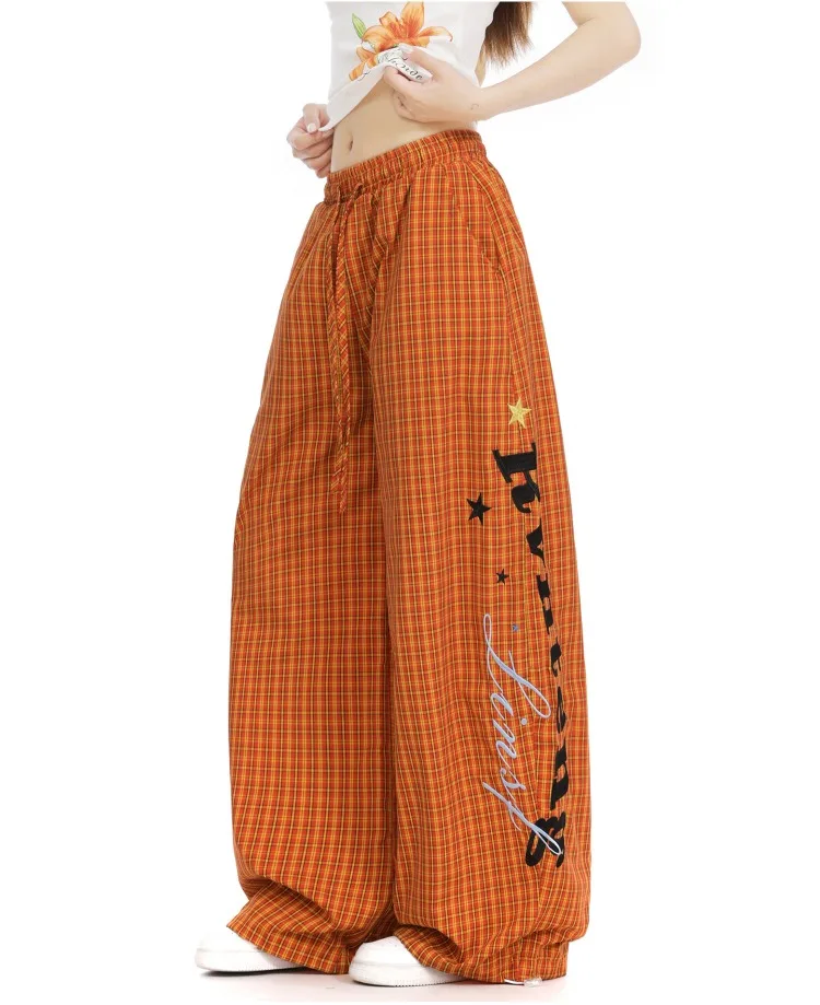 Women's Star Letter Embroidered Checkered Pants Wide Leg Sweatpants Hip-hop Summer Casual Bottoms Female High Waisted Trousers
