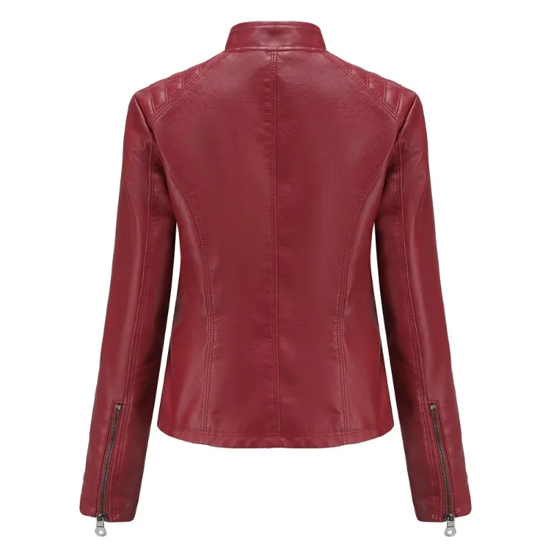 Spring New Casual Women Leather Coat  Stand Collar Slim Fit Short PU Leather Coat Solid Classic Female Outerwear