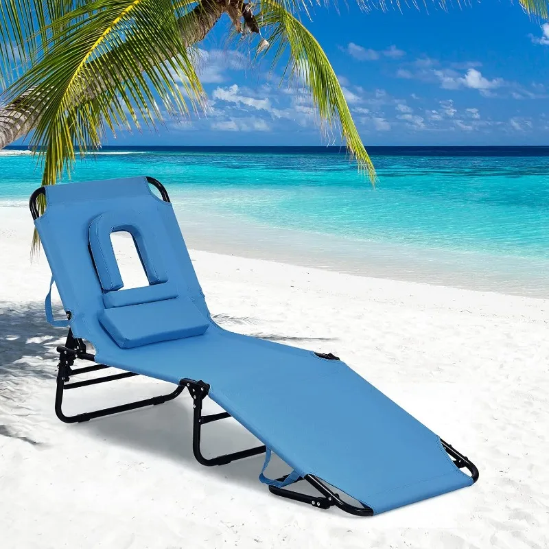 

GYMAX Beach Lounge Chair, Sunbathing Chair Patio Lounge Chair Folding Adjustable Recliner with Hole for Face