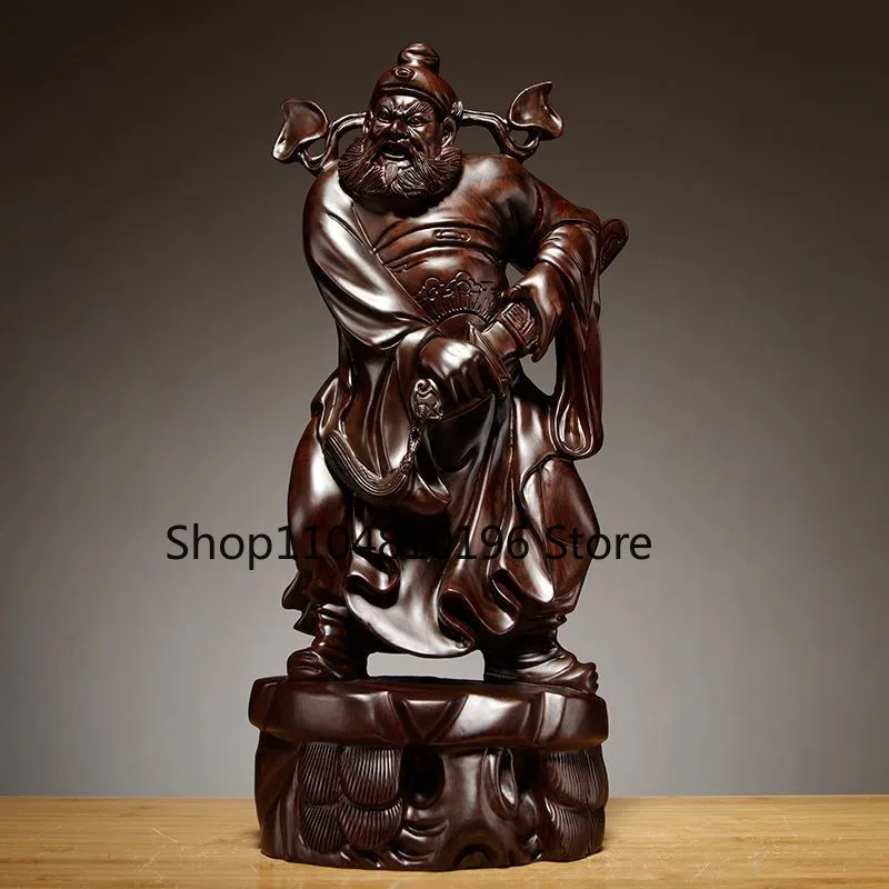 Ebony Wood Zhong Kui Figurine 15cm Hand Carved Wooden Home Office Decor Gift