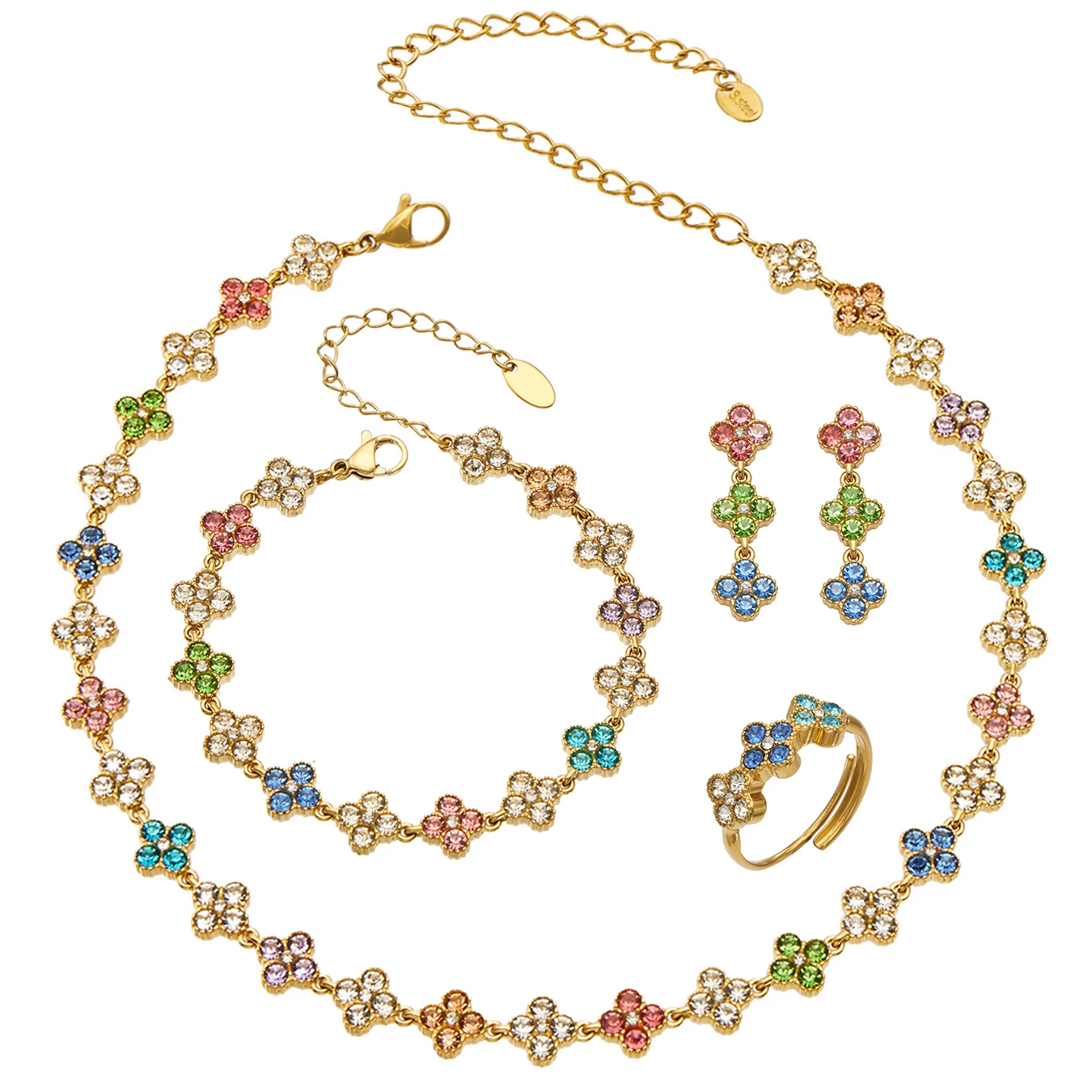 Four Leaf Clover Jewelry Set 18k Gold Stainless Steel Multicolor Cubic Zirconia Flower Necklace Bracelet Earrings Ring for Women