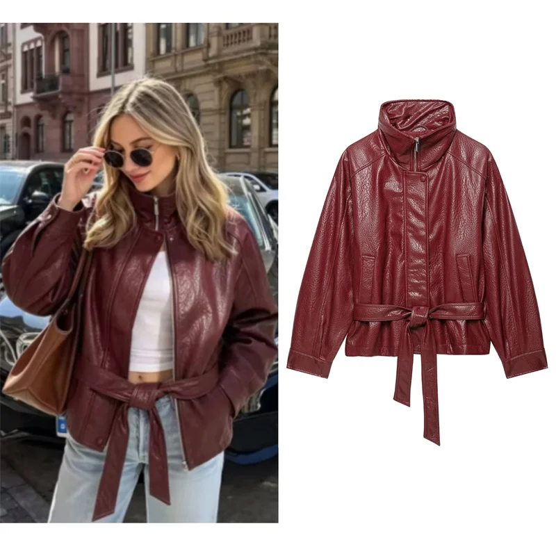 Guobioziy Women's Jacket 2026 Spring and Autumn New Fashionable Versatile Long Sleeve Stand Collar Leather-Effect Belted Jacket