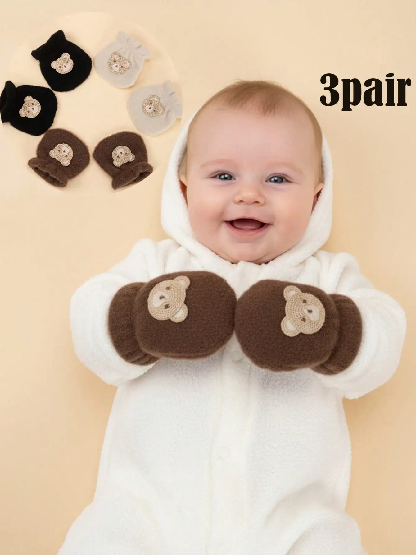 3Pairs Infant 0-12M Mink Fleece Knit Mittens, Cartoon Bear Embroidery Candy Color Thick Full Finger Scratch Proof Gloves