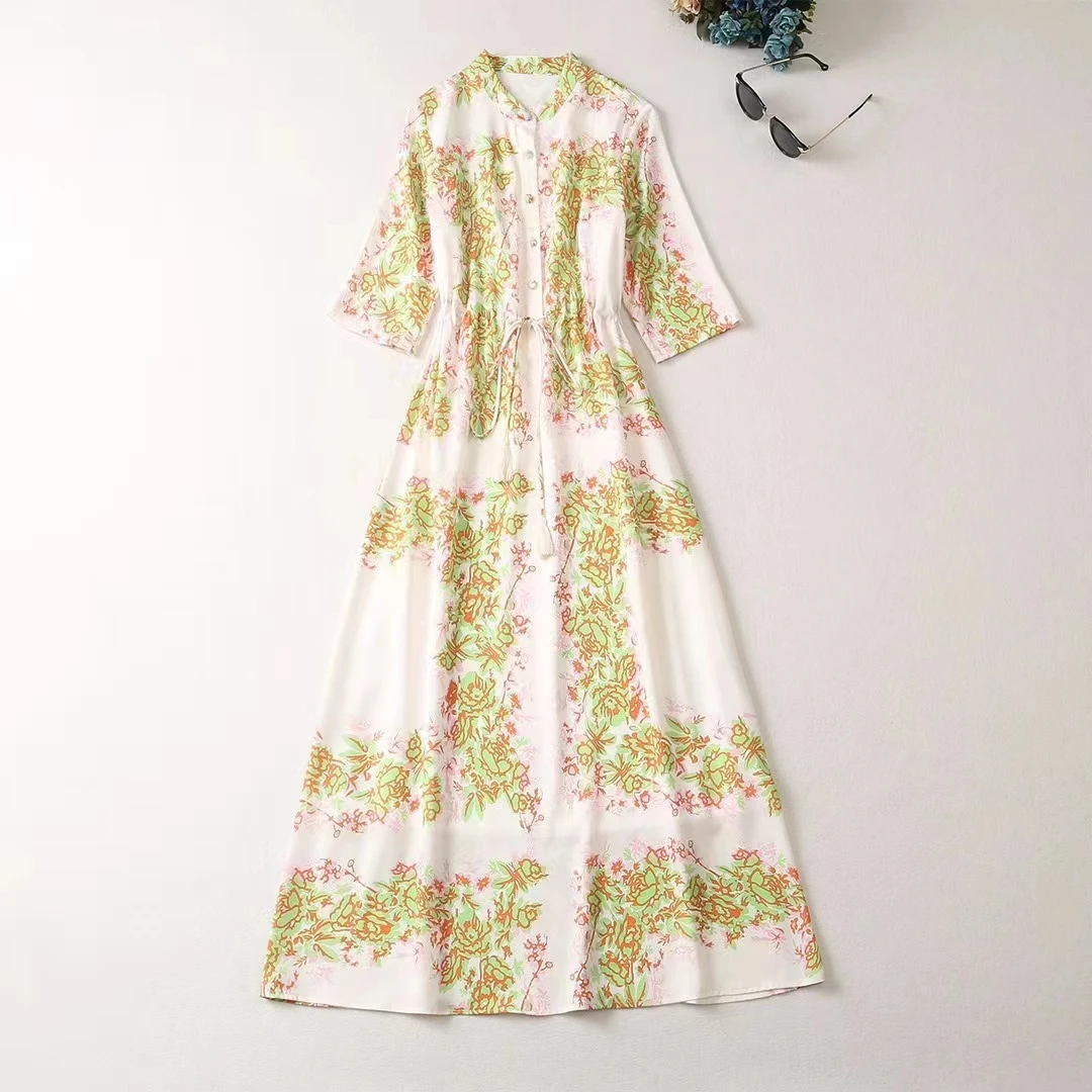 

European and American women's clothes 2023 summer new Five-quarter sleeve print green Fashion Drawstring Dress XXL