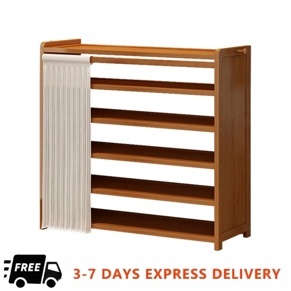 

6-Tier Shoes Racks Organizer with White Gauze Curtain Wooden Cabinet Organizer for Entryway Hallway Bedroom Closet Living Room