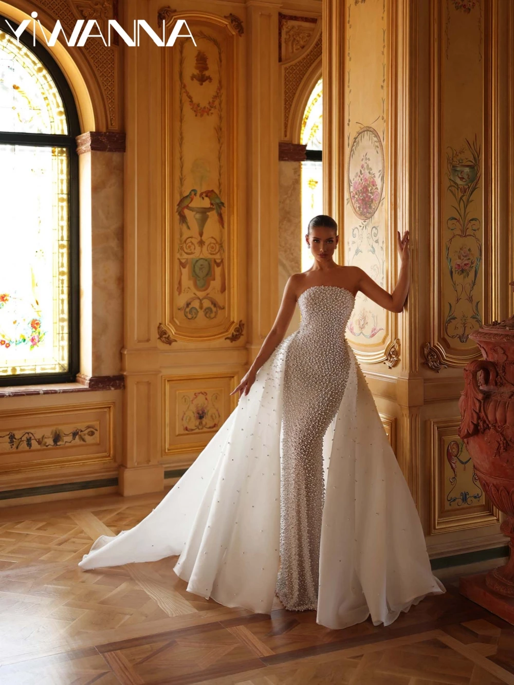 

Detachable Train Fully Pearls Wedding Dress Luxurious Strapless Sheath Long Bridal Gown Customized Dreamy Dresses For Bride