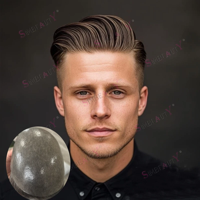 

Undetectable #550 Brown With Grey Human Hair Men Toupee Capillary Prosthesise Natural Hairline Ultra Miscro Thin Skin Male Wigs