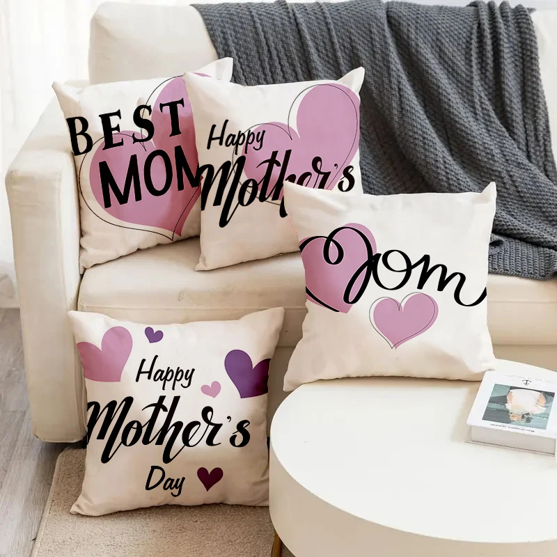 

Happy Mother's Day Purple Heart Pattern Printed Square Pillowslip Linen Blend Cushion Cover Pillowcase Living Room Home Decor