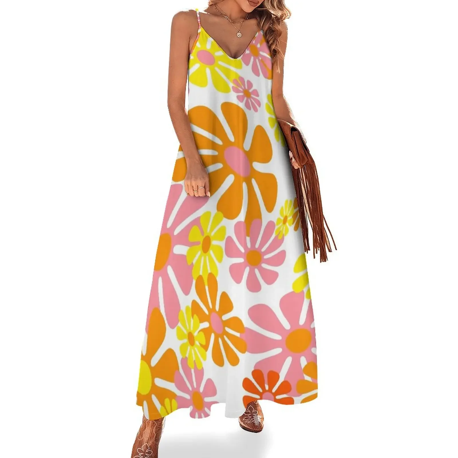 60's Retro Liquid Flowers in Orange, Yellow and Pink Sleeveless Dress loose summer dress purple dress women clothes