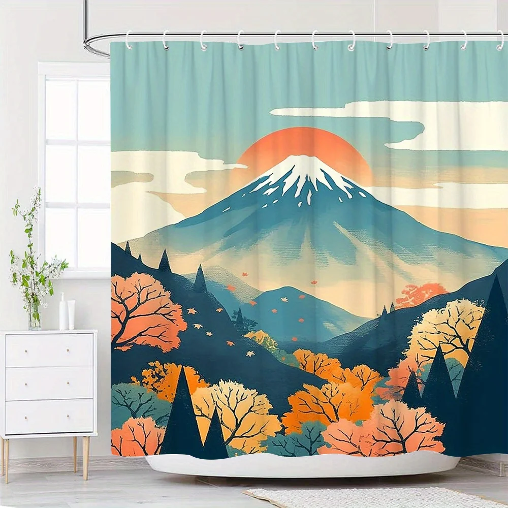 

1 шт., занавеска для душа с осенним пейзажем — Mount Fuji и японский художественный стиль, красно-оранжевый закат с темными силуэтами деревьев, 70x70 дюймов